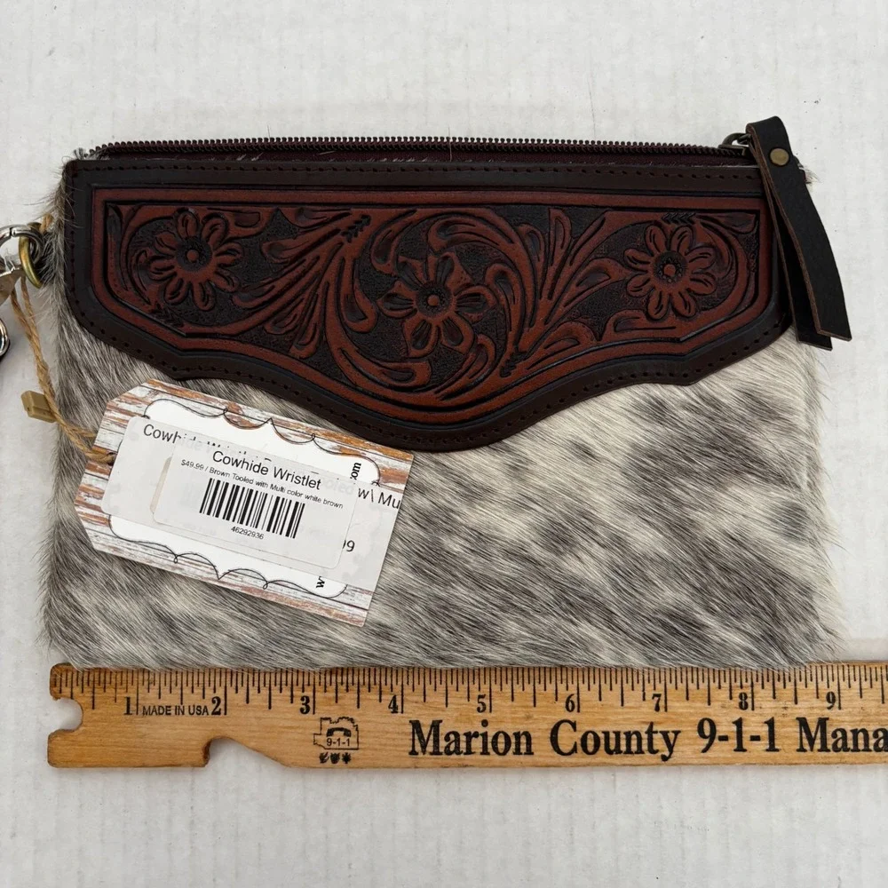 Cowhide Wristlet Women Brown Tooled‎ Leather Floral Western  Bag New Cowgirl